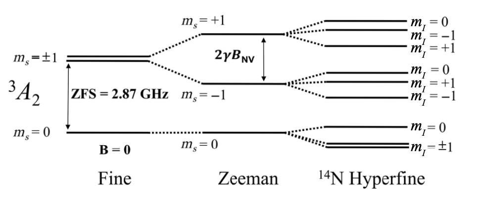 Energy level diagram of nitrogen vacancy centers
